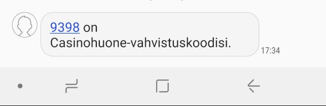 Esimerkki SMS vahvistuskoodista Casinohuoneelle
