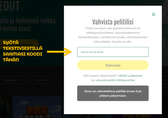 Casinohuone vahvista tili tekstiviestillä