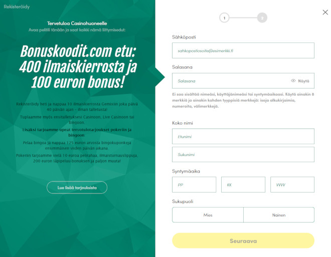 Casinohuone bonuskoodi rekisteröintilomake step 1