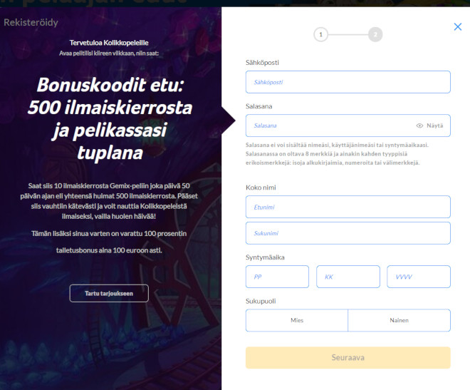 Kolikkopelit bonuskoodi rekisteröintilomake