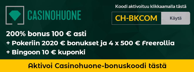 Casinohuone bonuskoodi CH-BKCOM antaa uusille asiakkaille 200% bonuksen 100 € asti