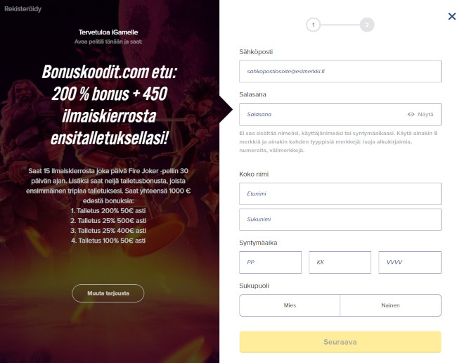 iGame.com rekisteröintilomake jonka täyttämällä saa tarjoukset