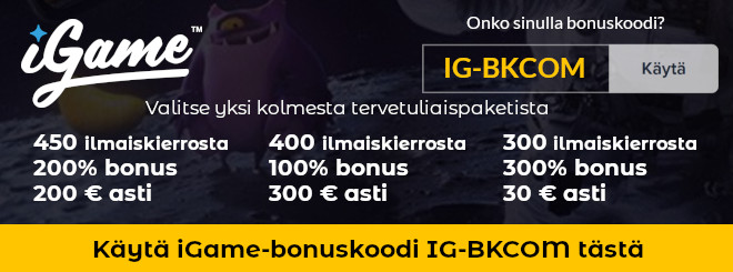 iGame bonuskoodi IG-BKCOM uusille asiakkaille 450 ilmaiskierrosta ja 1000 € talletusbonuksia