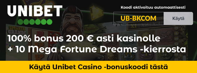Unibet bonuskoodi kasinoon antaa 100% talletusbonuksen 200 € asti + 10 Mega Fortune kierrosta