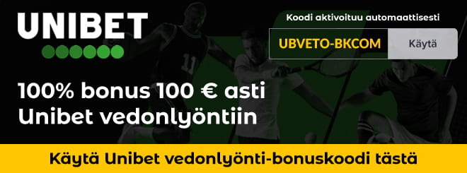 Unibet bonuskoodi vedonlyöntiin antaa 100% talletusbonuksen 100€ asti