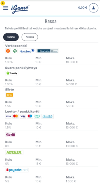 iGame kokemuksia rahansiirrot talletukset turstly skrill neteller