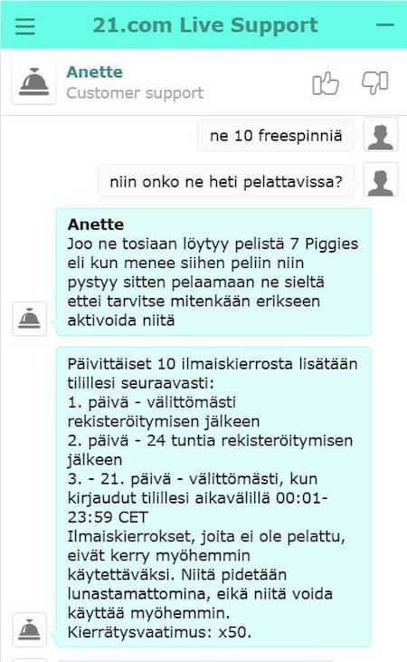 21.com asiakaspalvelu auttaa suomeksi