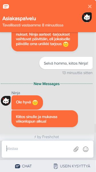 Ninjacasino.com asiakaspalvelusta sai vastauksia suomen kielellä