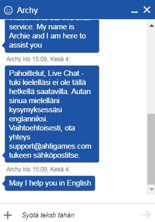 live chätistä palveltiin päivällä englanniksi