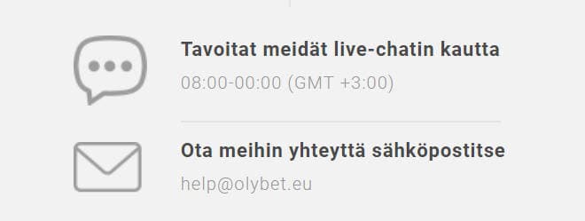 Olybet asiakaspalveluun saa yhteyttä sähköpostilla ja livechätillä