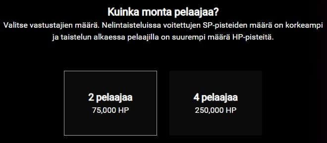 Voodoo Dreams Taistelussa valitaan aluksi montako pelaajaa vastaan pelaat