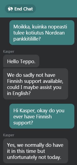 Voodoodreams asiaskaspalvelussa on normaalisti suomenkielinen palvelu