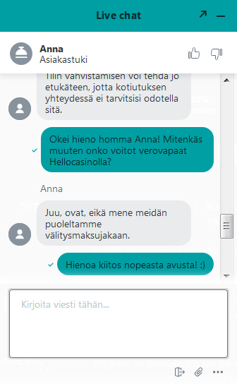 suomi asiakaspalvelu hellocasino.com sivustolla oli avulias