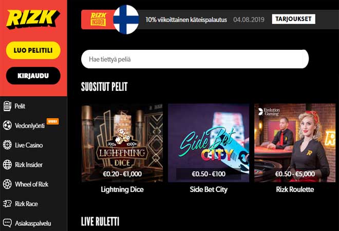 Rizk Casino tarjoaa myös live casino pelejä suomalaisille kasino pelaajille