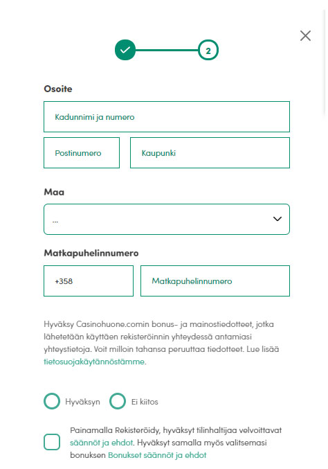Casinohuone rekisteröinti lomake sivu 2