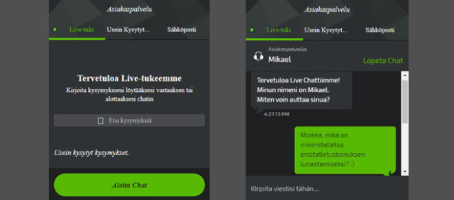 Mobilebet asiakaspalvelun live chat esimerkki