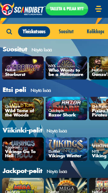 Scandibet pelivalikoima mobiilissa