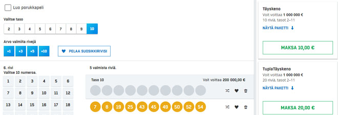 Keno-pelissä valitaan 2-10 numeroa