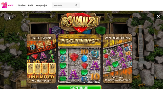 21.com arpoo palkintoja bonanza pelissä