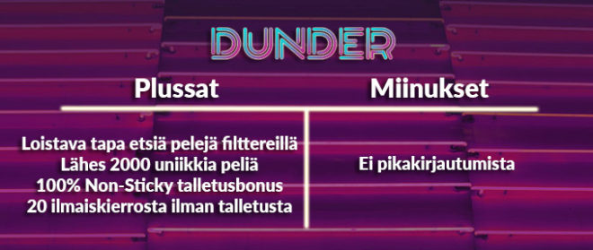 Dunder casino plussat ja miinukset yhteenvetona