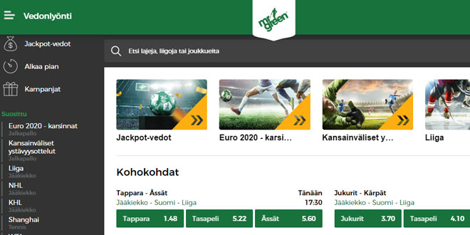 Mr Green vedonlyönti valikko