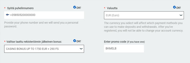 Melbet bonuskoodin syöttäminen rekisteröinti valikossa