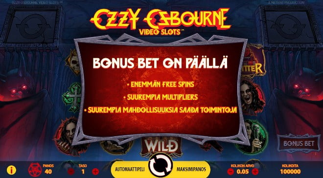 Bonus Bet toiminto Netentin Ozzy Osbourne kolikkopelissä kannattaa laittaa päälle