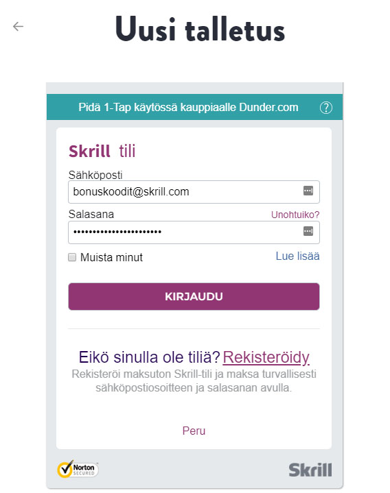 Skrill kirjautuminen käy nopeasti.