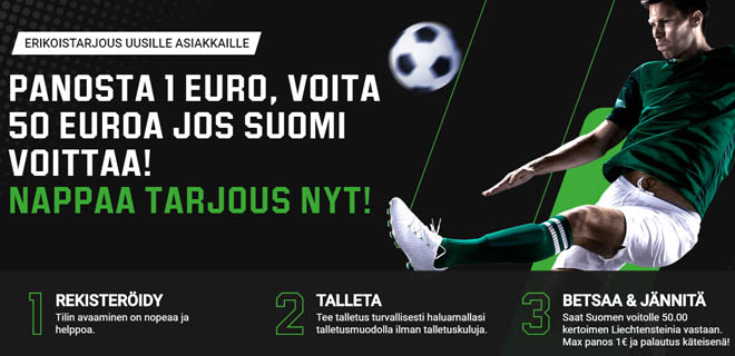 Suomen voitolle 50.00 kerroin