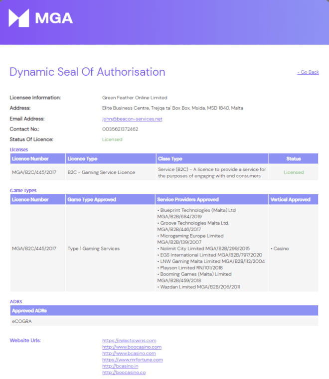 Boocasinon lisenssi on MGAlta ja voit klikata tästä tarkistaaksesi että onko lisenssi voimassa