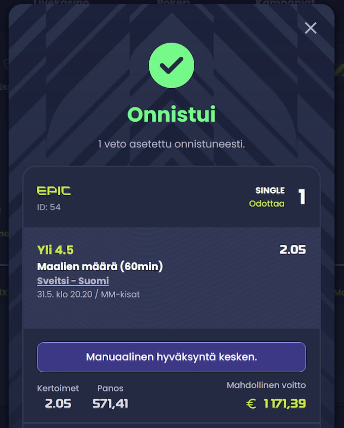 sveitsi suomi kertoimet yli 4.5 maalia ja veto