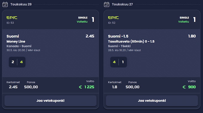 Jääkiekon MM kisat voitetut vedot