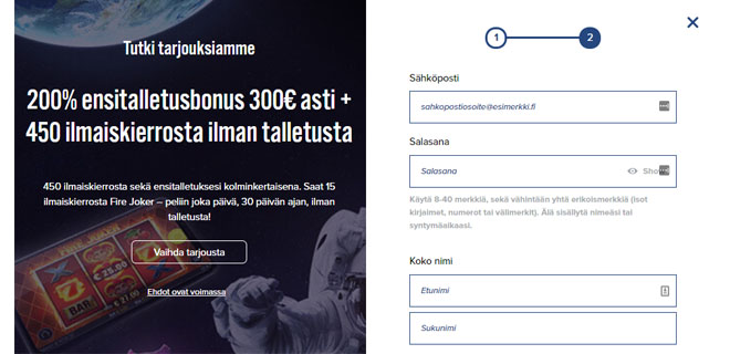 Täytä rekisteröintilomake niin saat bonukset käyttöösi