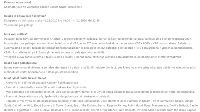 Olybet 10 kampanjan säännöt ja ehdot