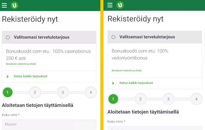 Voit valita bonuksen unibetille rekisteröitymisen yhteydessä