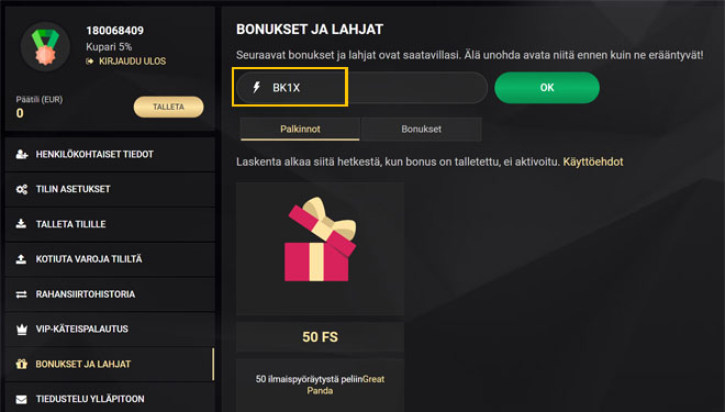 Tämän bonuskoodin avulla saat heti 50 kierrosta ilman talletusta Great panda peliin