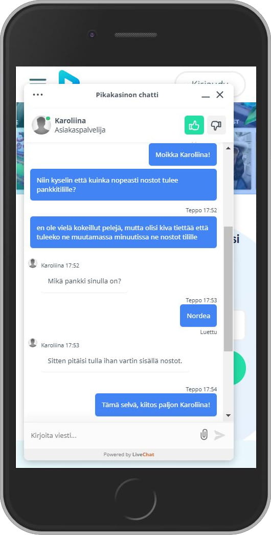 Pikakasinon asiakaspalvelu osaa auttaa nopeasti