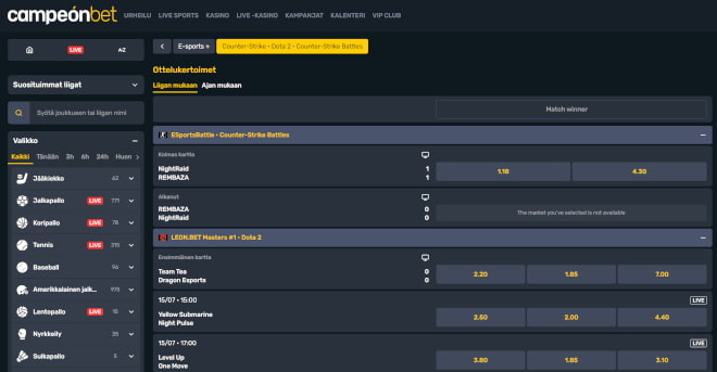 Pelivalikoimasta löytyy myös e-sports vedonlyöntiä