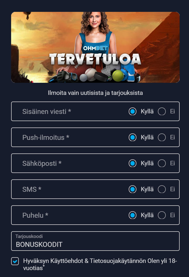 Muista käyttää Ohmbet bonuskoodi