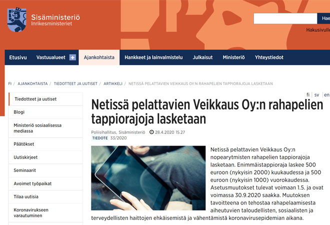 Sisäministeriön tiedote Veikkauksen uusista pelirajoista