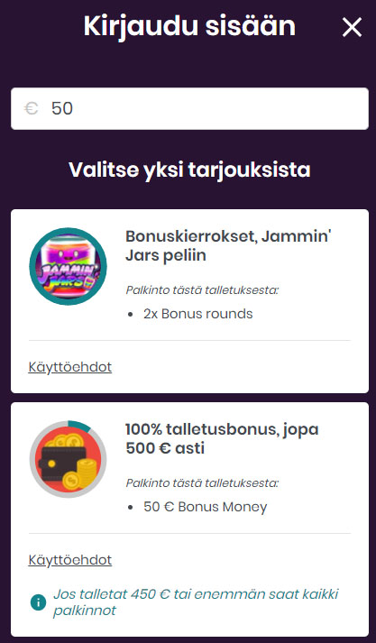 Kun teet talletusta sivusto näyttää sinulle ne bonukset jotka voit lunastaa