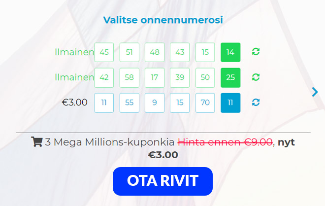 Multilotto tarjoaa 3 MegaMillions riviä yhden hinnalla
