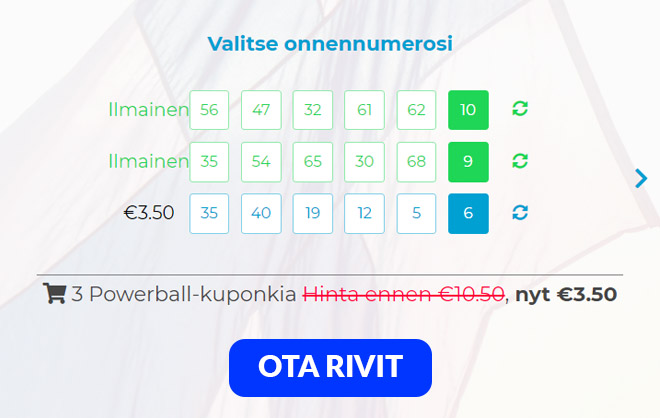 Multilotto Powerball kolme riviä yhden hinnalla