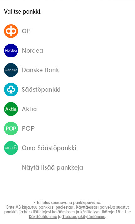 Brite tukee kaikkia suomalaisia pankkeja