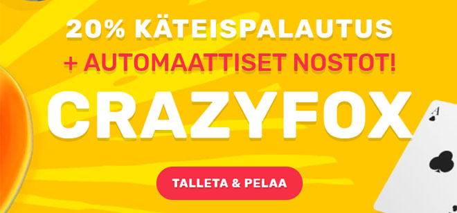 Lunasta 20% käteispalautusta joka päivä Crazy Fox kasinolta