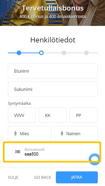 syötä bonuskoodi tähän kenttään