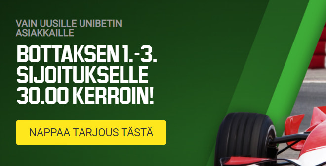 Bottas kerroin podium sijoituksesta on nyt 30 Unibetillä