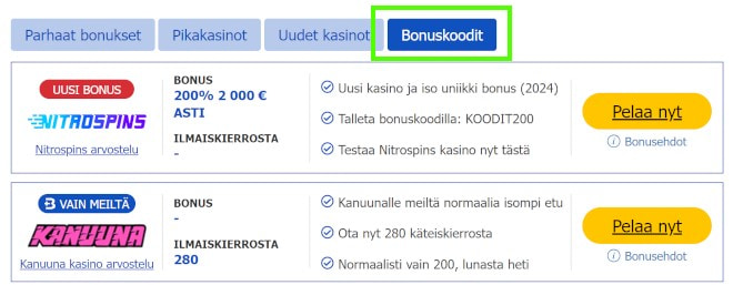 Näin löydät Casino bonuskoodit nopeasti listamme avulla.