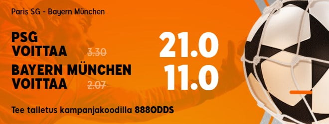 PSG vs Bayern Munchen kerroinbuusti Mestarien Liigan finaaliin. PSG kerroin 21.00 ja Bayern Muchen 11.00