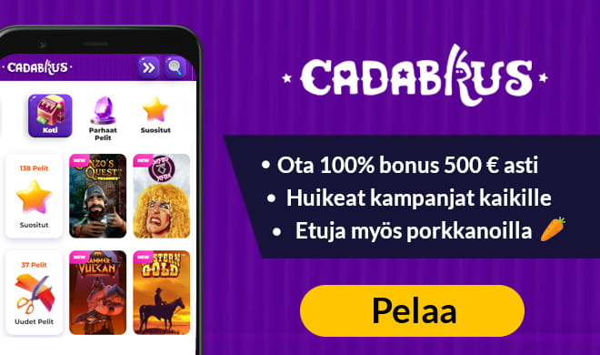 Cadabrus Casino antaa pelaajan valita kolmesta eri bonuksesta. Paras niistä on 200% 50 € asti.